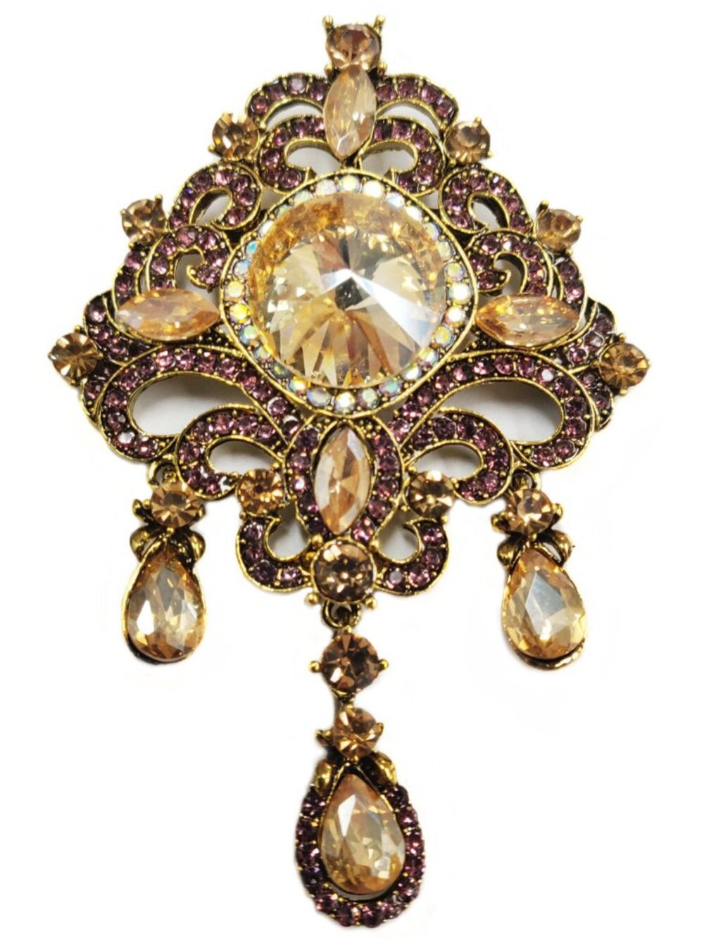 Aratta Diana Pin - Brass Metal With Rhinestones Ornate Design 2 1/4" W X 3 5/16"
